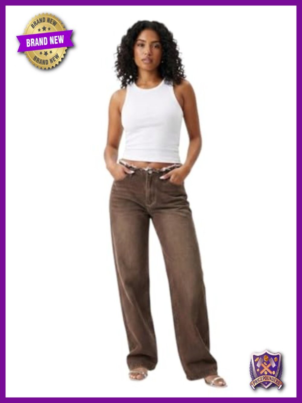Women's Low Rise Wide Leg Jeans Raw Frayed Waistband Button Zip Denim